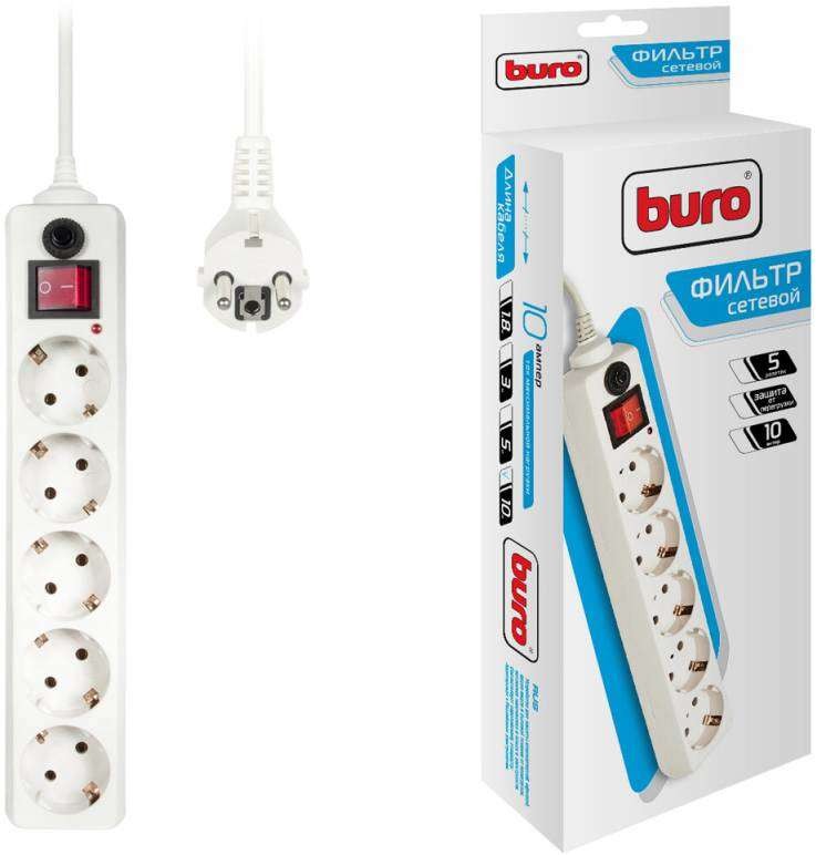Фильтр сетевой 5 розх10М "BURO" 10А IP20 500SH-10-W CCA 2200Вт белый /136