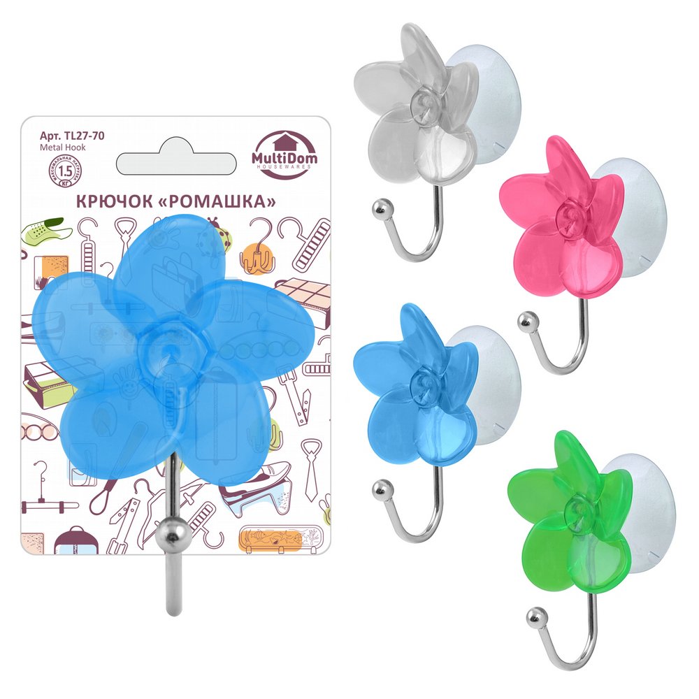 Крючок пласт. Ромашка на присоске микс TL27-70
