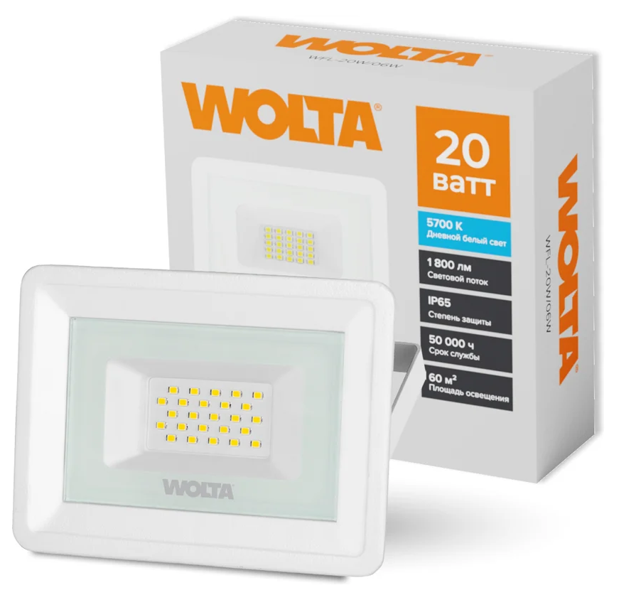 Прожектор светодиодный 20Вт 5700К IP65 белый Wolta WFL-20W-06/W /042/WFL-20W-06/W- купить в АПлайн