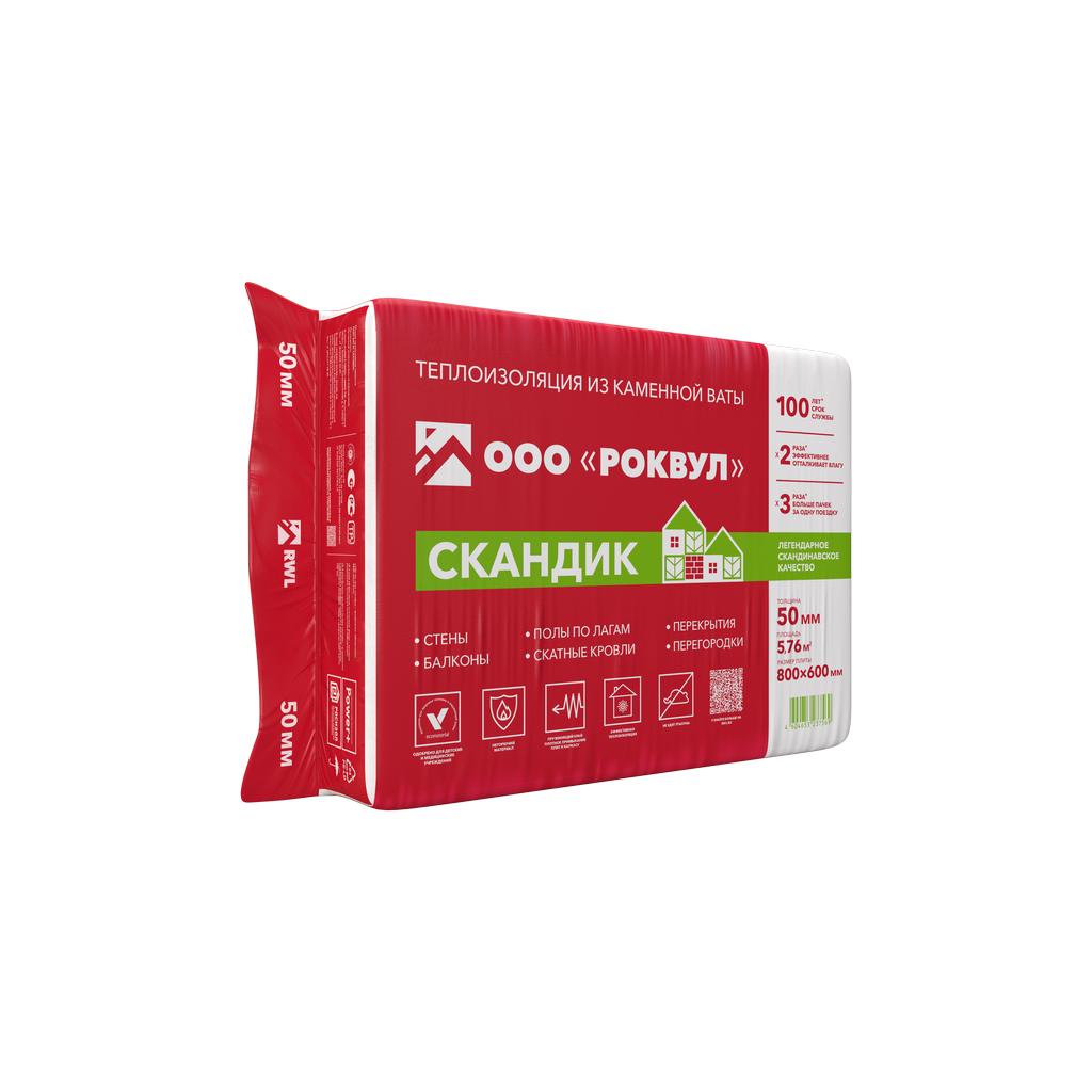 Утеплитель "Роквул" Лайт Баттс Скандик 800х600х50мм / 5,76м2 -0,288м3 / 12 плит