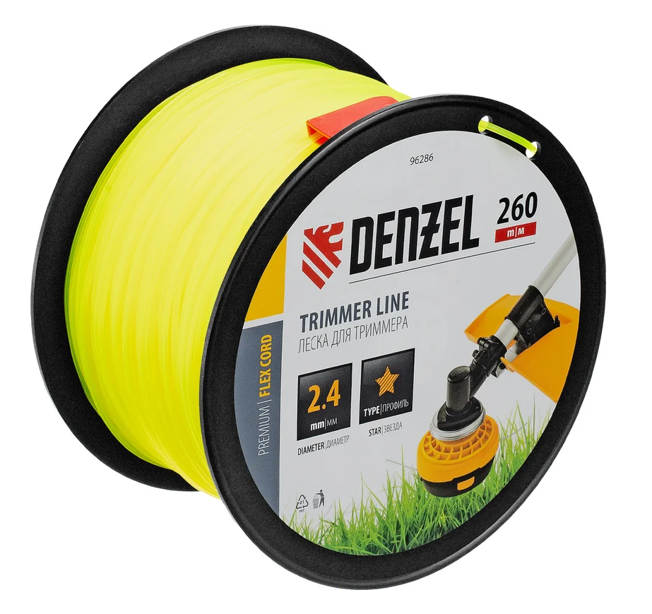 Леска для триммера звезда 2,4мм 260м на DIN катушке Flex cord Denzel 9628696286- купить в АПлайн