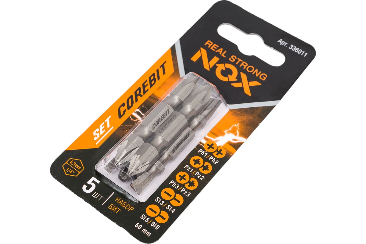 Бита набор двухсторонние Ph1xPh2, Pz1xPz2, Ph3xPz3, Sl3xSl4, Sl5xSl6, 50мм 5шт Corebit Nox 336011 336011- купить в АПлайн