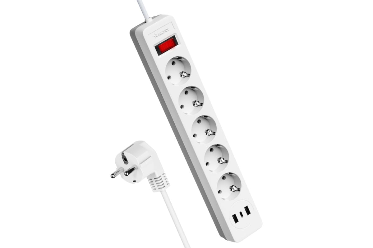 Фильтр сетевой 5розх1,8м+2 USB 10А с заземлением белый Космос FKsm1.8m-5g(W)USBFKsm1.8m-5g(W)USB- купить в АПлайн