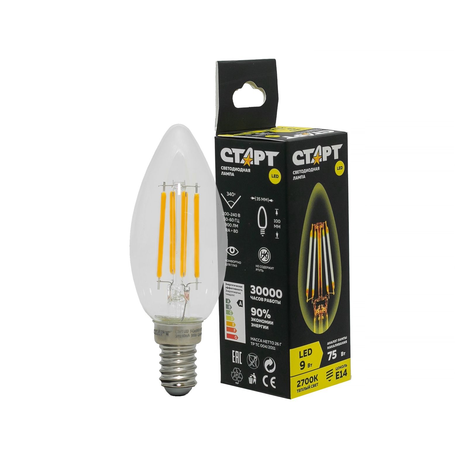 ЛАМПА "СТАРТ" ECO LED ФИЛАМЕНТ F-CANDLE Е14 9W 27 ТЕПЛЫЙ  /868/- купить в АПлайн