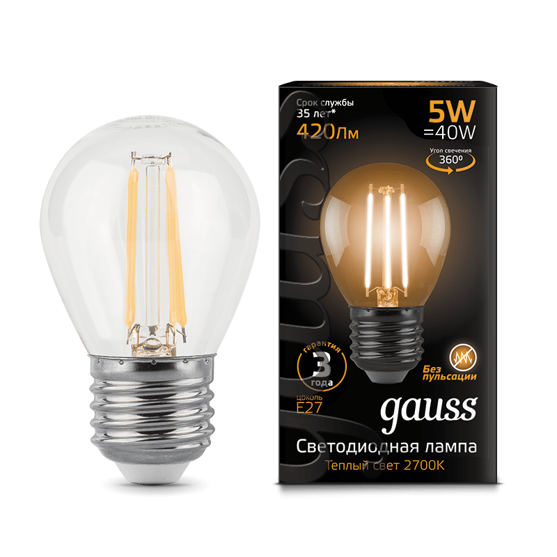 ЛАМПА "GAUSS" LED FILAMENT ШАР  Е27 5W 2700К теплый СВЕТ АРТ.105802105 /502/105802105- купить в АПлайн