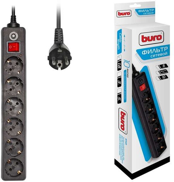 Фильтр сетевой 6 розх1.8М "BURO"10А IP20 600SH-1.8-B CCA 2200Вт черный /181