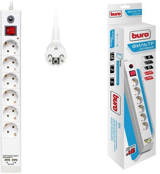 Фильтр сетевой 6 роз+2USBХ5М "BURO" 10А IP20 BU-SP5_USB_2A-W CCA 2200Вт белый /280 - 992316 - купить в АПлайн