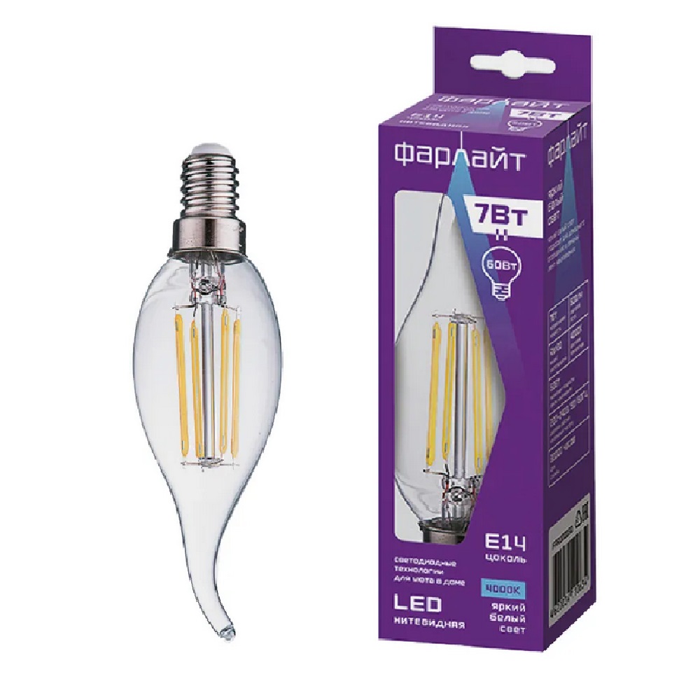 ЛАМПА СВЕТОДИОДНАЯ "ФАРЛАЙТ" ФИЛАМЕНТ. СВЕЧА СW35  Е14 7Вт  4000К  ХОЛОДНЫЙ СВЕТ /634/