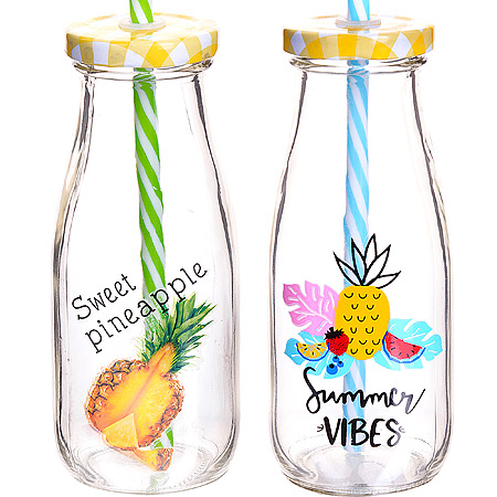 Бутылка для смузи стекл. SAMMER LR 300мл с трубочкой в ассортименте 27818