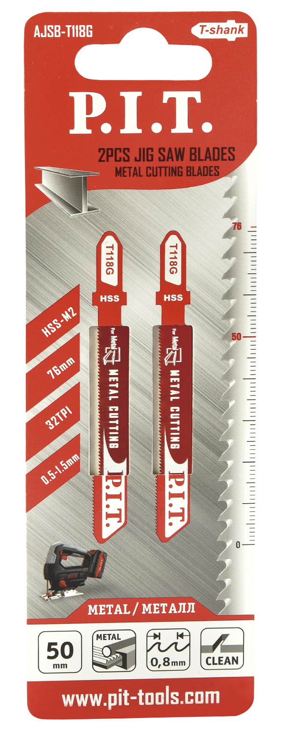 Пилки для лобзика по металлу T118G 76х50 1,5мм чистый рез HSS-SK5 2шт P.I.T AJSB-T118G