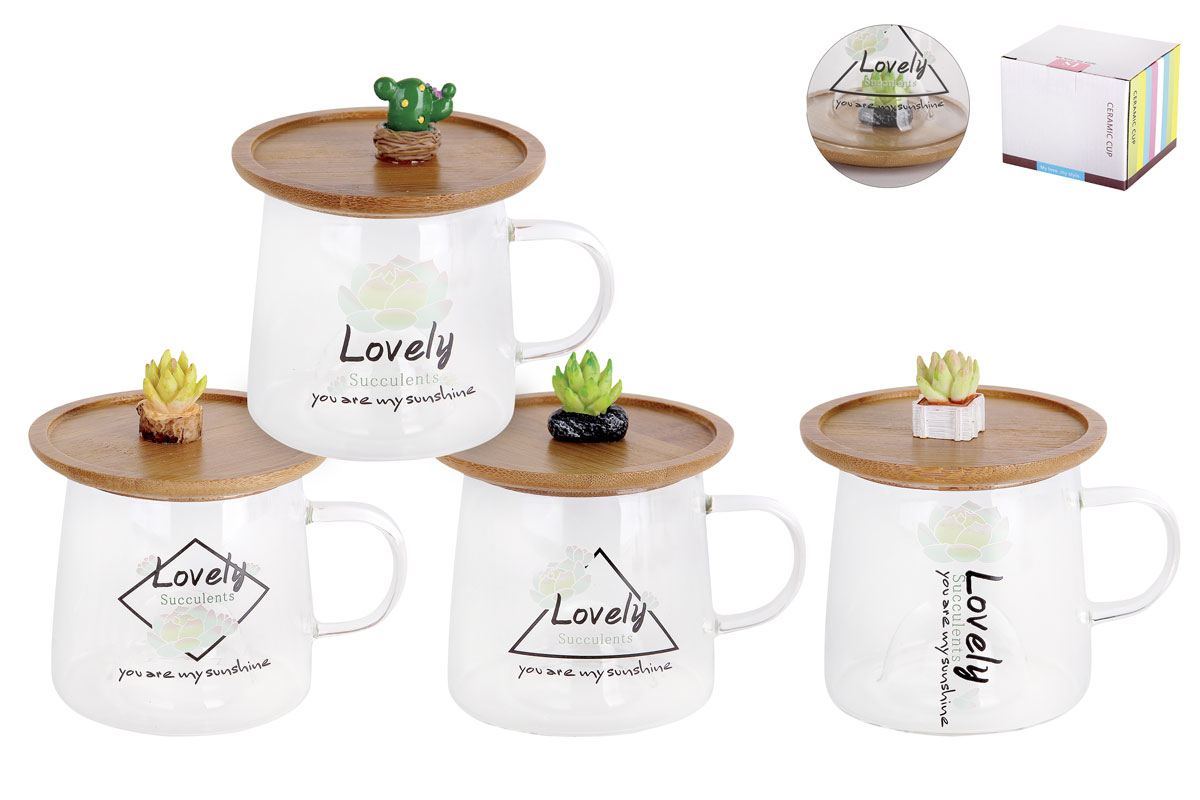 Кружка стекл. Eco lovely 310мл на подставке-крышке с фигурным дном микс 5088