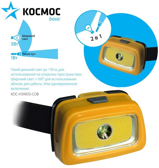 Фонарь налобный КОСМОС КОС-H3WDS-COB (3xR6) 1св/д COB3W  жел.пластик,ударопр.,3реж /526/КОС-H3WDS-COB- купить в АПлайн
