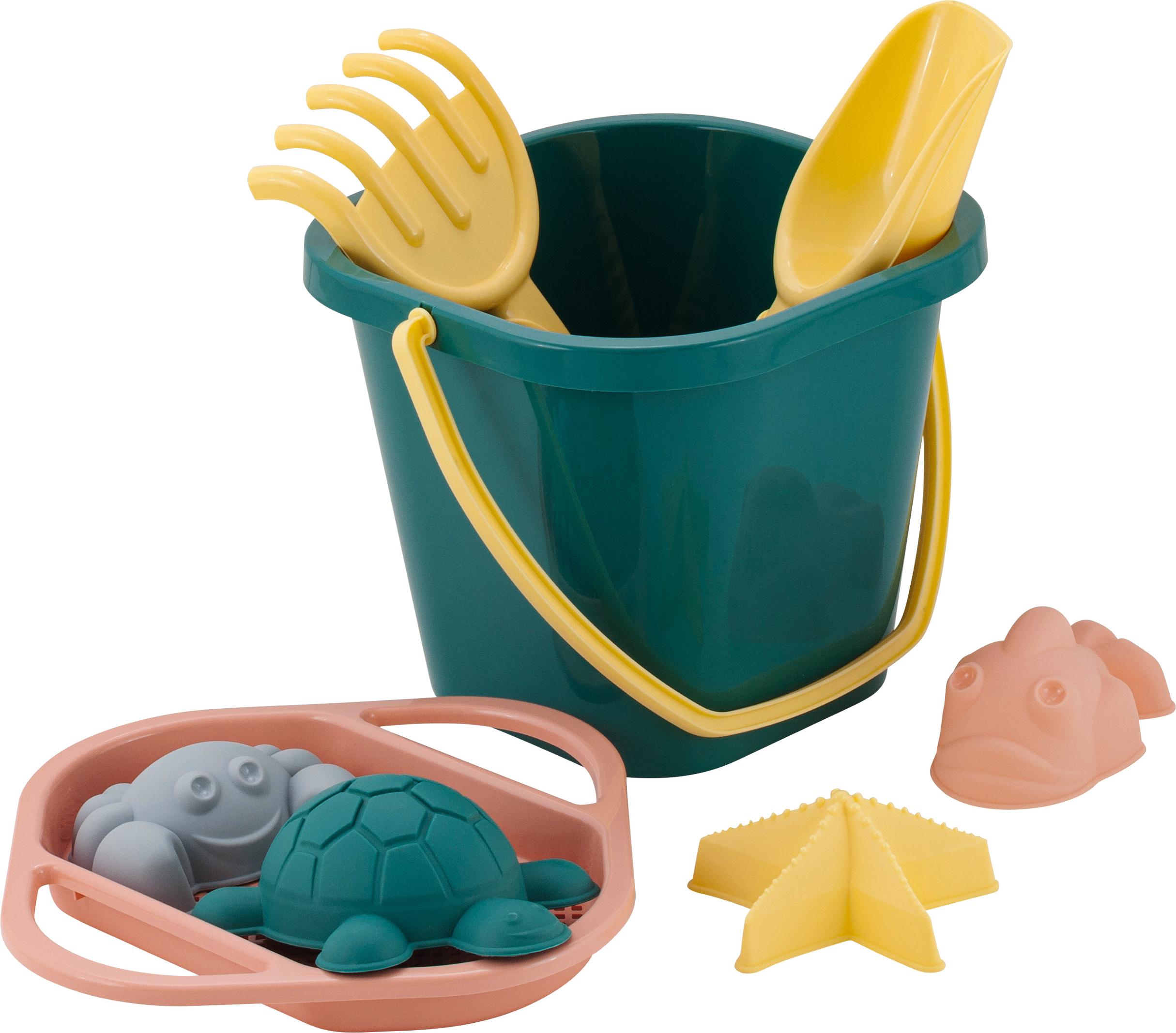 Набор детский пласт. Lalababy Follow Me ведерко, сито, совок, грабли, 4 формы изумрудный LA1020