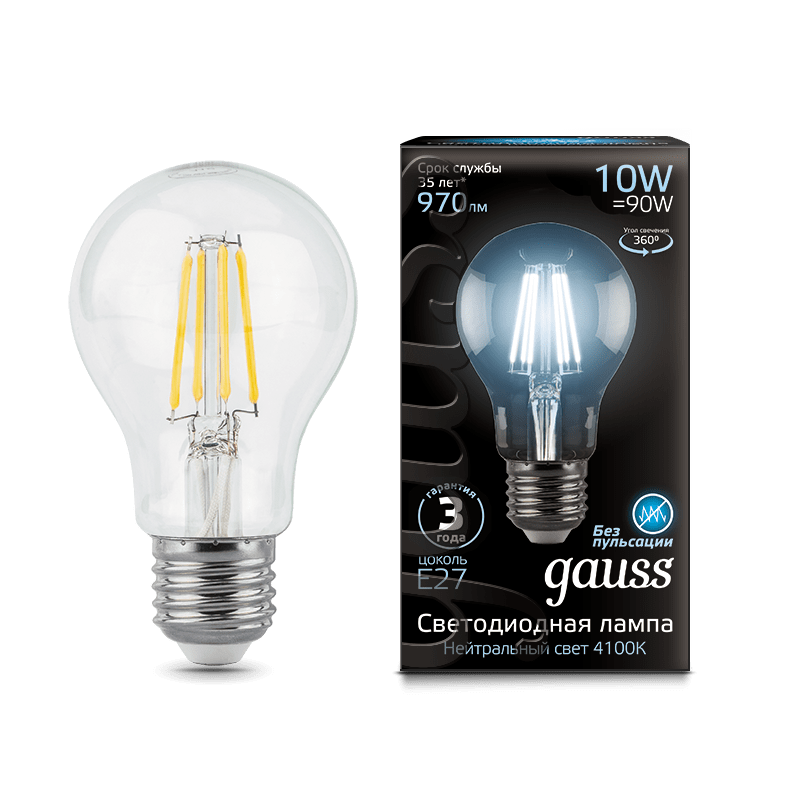ЛАМПА "GAUSS" LED FILAMENT А60 Е27 10W 970lm 4100К ХОЛ.СВЕТ арт.102802210