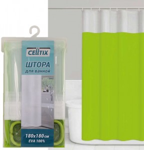ШТОРА ДЛЯ ВАНН  CELLTIX  ЕВА  "Луч света"  салатовая (с кольцами)   /169/