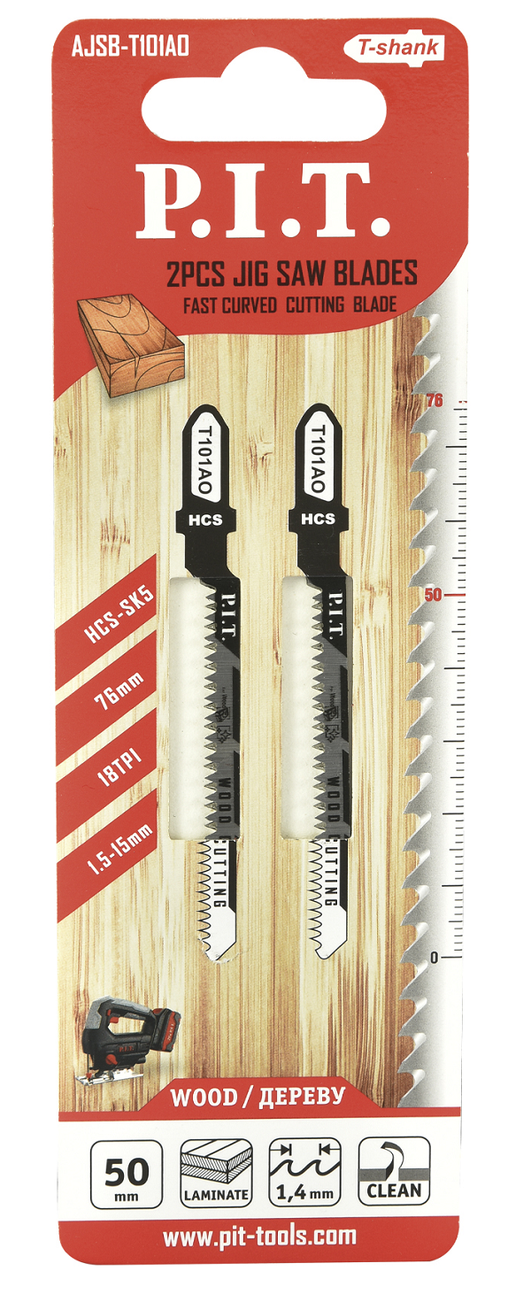 Пилки для лобзика по дереву Т101AO 76/50х1,5мм фигурный рез 2шт HCS-SK5 P.I.T AJSB-T101AO