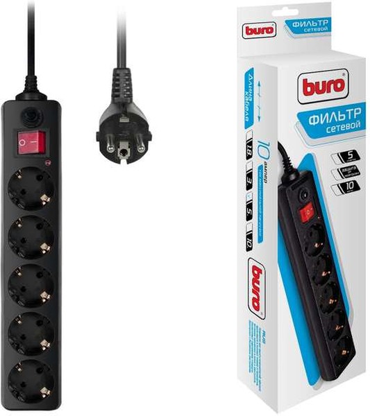 Фильтр сетевой 5 розх5М "BURO" 10А IP20 500SH-5-B ПВС 2200Вт черный /112