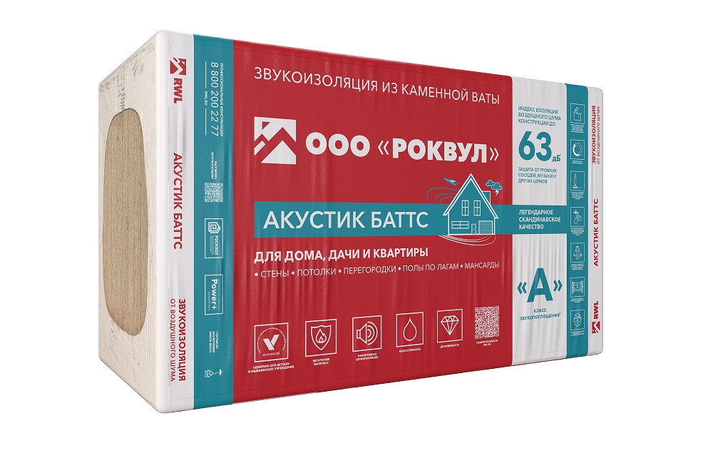 Утеплитель "Роквул" Акустик Баттс 1000х600х100мм / 6м2 - 0,3м3 / 5 плит