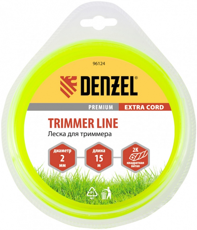 Леска для триммера квадрат крученый 2мм 15м Extra cord Denzel 9612496124- купить в АПлайн