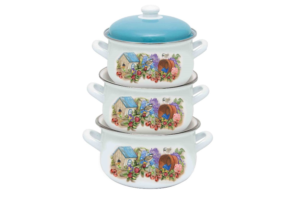 НАБОР ПОСУДЫ ЭМАЛ. КАСТРЮЛЬ ТМ "МАРУСЯ" 3 ПРЕД. (2Л,3Л,4Л) БЕЛ. "СИНИЧКИ" АРТ. 3000