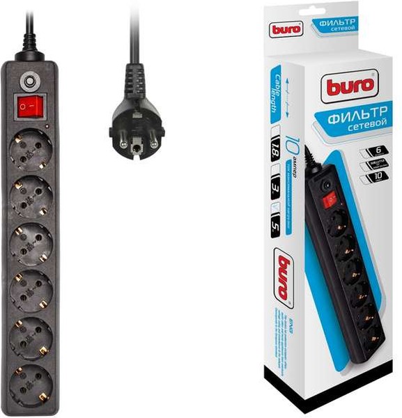 Фильтр сетевой 6 розх5М "BURO" 10А IP20 600SH-5-B CCA 2200Вт черный /228