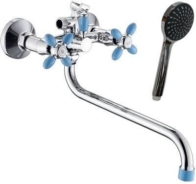 Смеситель для ванны АНТЕЙ Радуга двуручный голубой с длинным изливом 300 мм арт.2270713