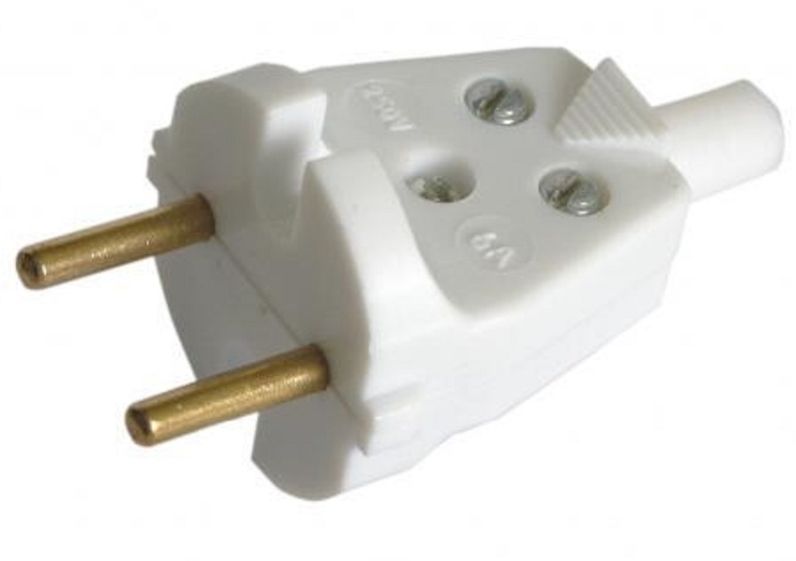 Вилка электрическая универсальная без заземления белая плоская разборная 6А В6-001 (018)