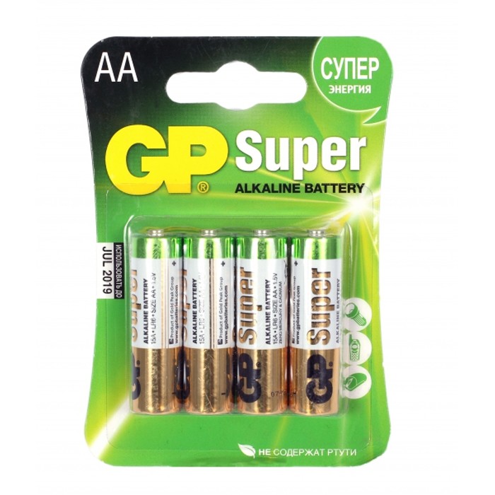 Элемент питания АА алкалиновый (LR6) GP SUPER 15A-2CR4, 4шт. - 1222/02706 - купить в АПлайн
