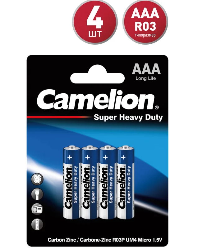 Элемент питания ААА (R03) солевой SUPER BLUE Camelion 4шт.