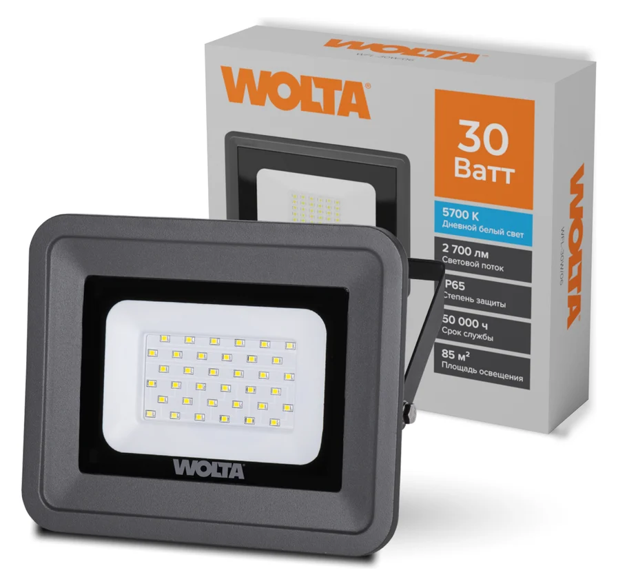 Прожектор светодиодный 30Вт 5700К IP65 серый Wolta WFL-30W-06