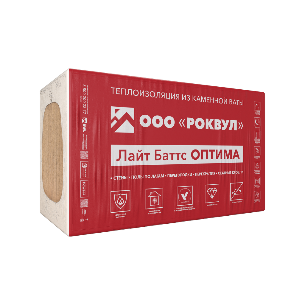 Утеплитель "Роквул" Лайт Баттс Оптима 1000х600х100мм / 3,0м2 - 0,3м3 / 5 плит