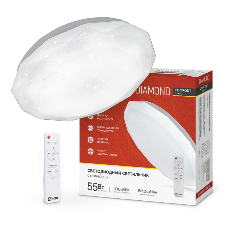 Светильник св/д COMFORT DIAMOND 55Вт 3000-6500К 330-350х80-90 пульт "IN HOME" /048