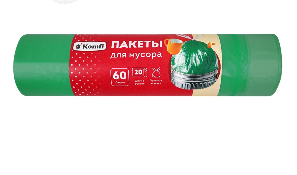 Мешки для мусора Komfi/20 ПНД 60л 20шт с завязками зеленые MUSGR01 35354MUSGR01 35354- купить в АПлайн