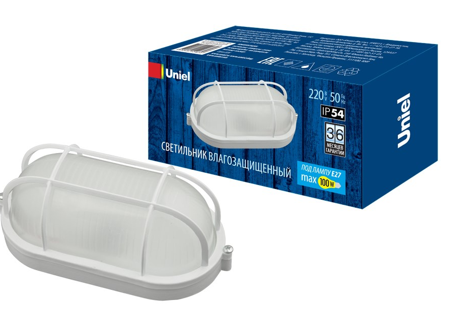 Светильник пылевлагозащ. овальный с решетк. белый 100ВТ IP54 E27 Uniel UWL-O02/653