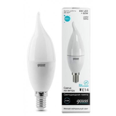 ЛАМПА "GAUSS LED ELEMENTARY CANDLE TAILED" Е14 4100К 3W EB103008
