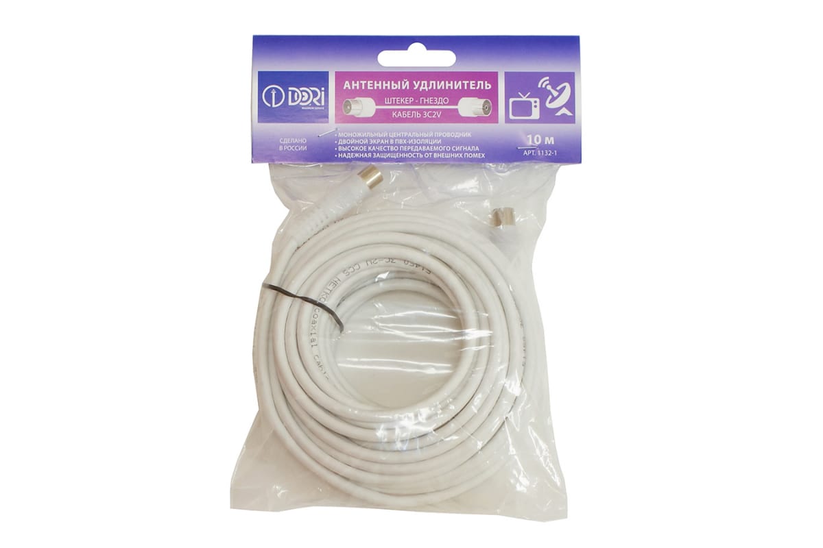 Кабель антенный удлинитель 3С2V 10м белый дори 1132-1 (502)