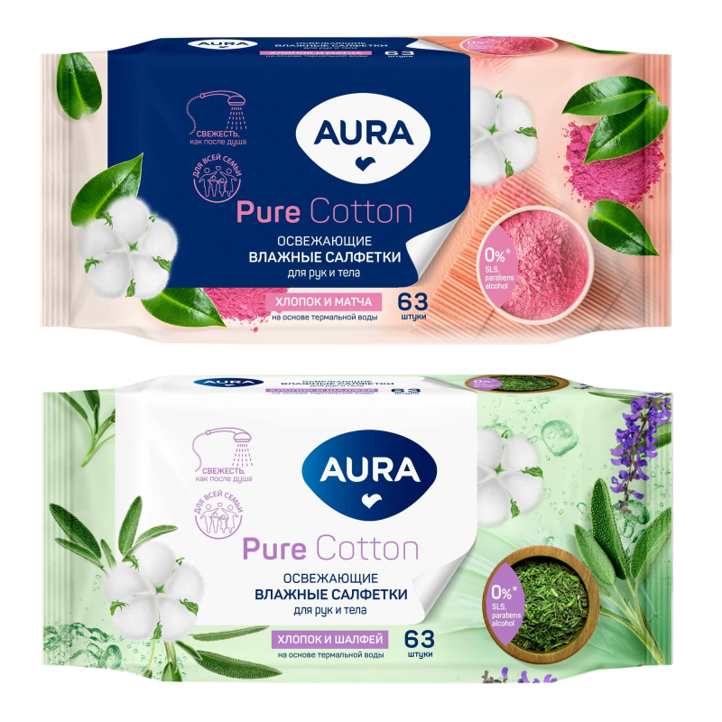 Салфетки влажные Aura Family 63шт освежающие 681096