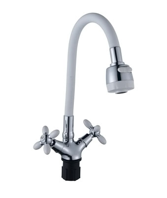 Смеситель для кухни АНТЕЙ РАДУГА с 2-мя рукоятками белый с гибким изливом 5770717-ANT 