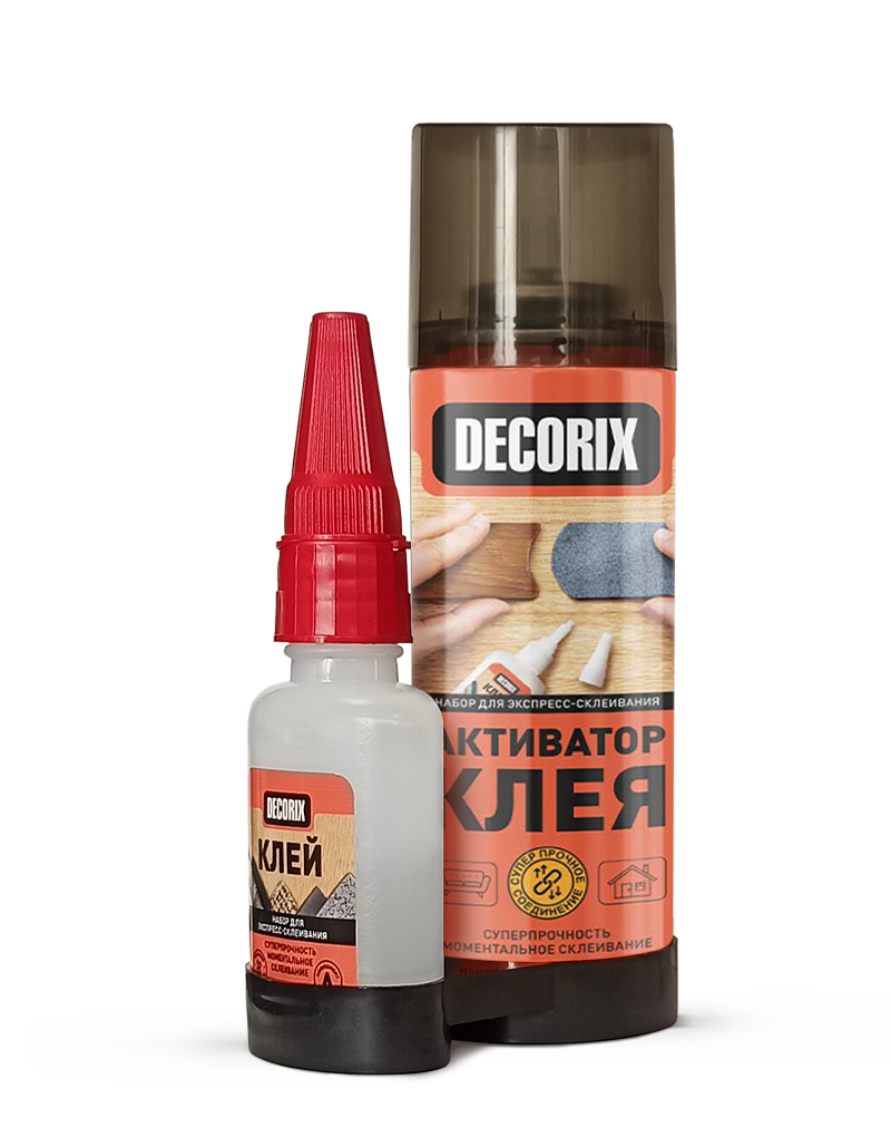 Клей двухкомпонентный Decorix для экспресс-склеивания, аэрозольный активатор 270мл + клей 50г