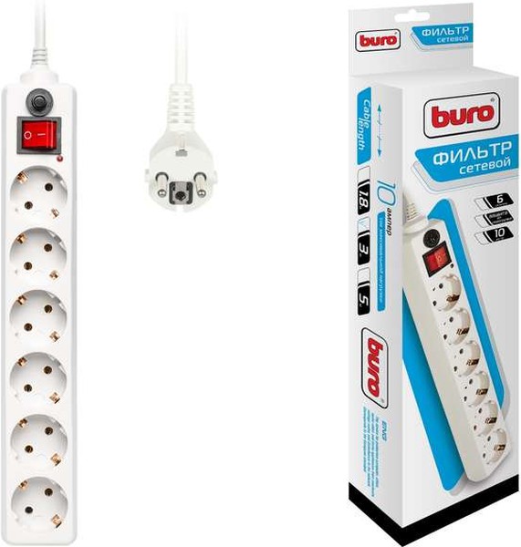 Фильтр сетевой 6 розх3М "BURO" 10А IP20 600SH-3-W CCA 2200Вт белый /198