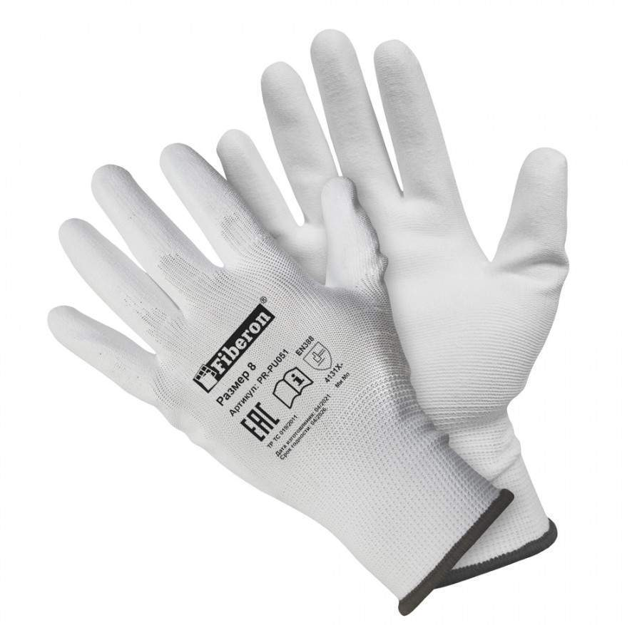 Перчатки полиэстер с полиурет. покрытием для точных работ белые PR-PU051 M(р.8) Fiberon