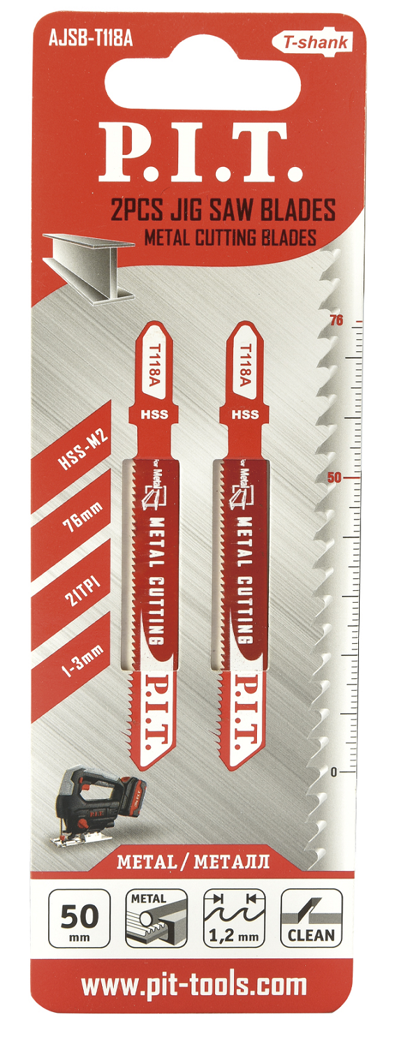 Пилки для лобзика по металлу Т118А 75х50 3мм чистый рез HSS-SK5 2шт P.I.T AJSB-T118A