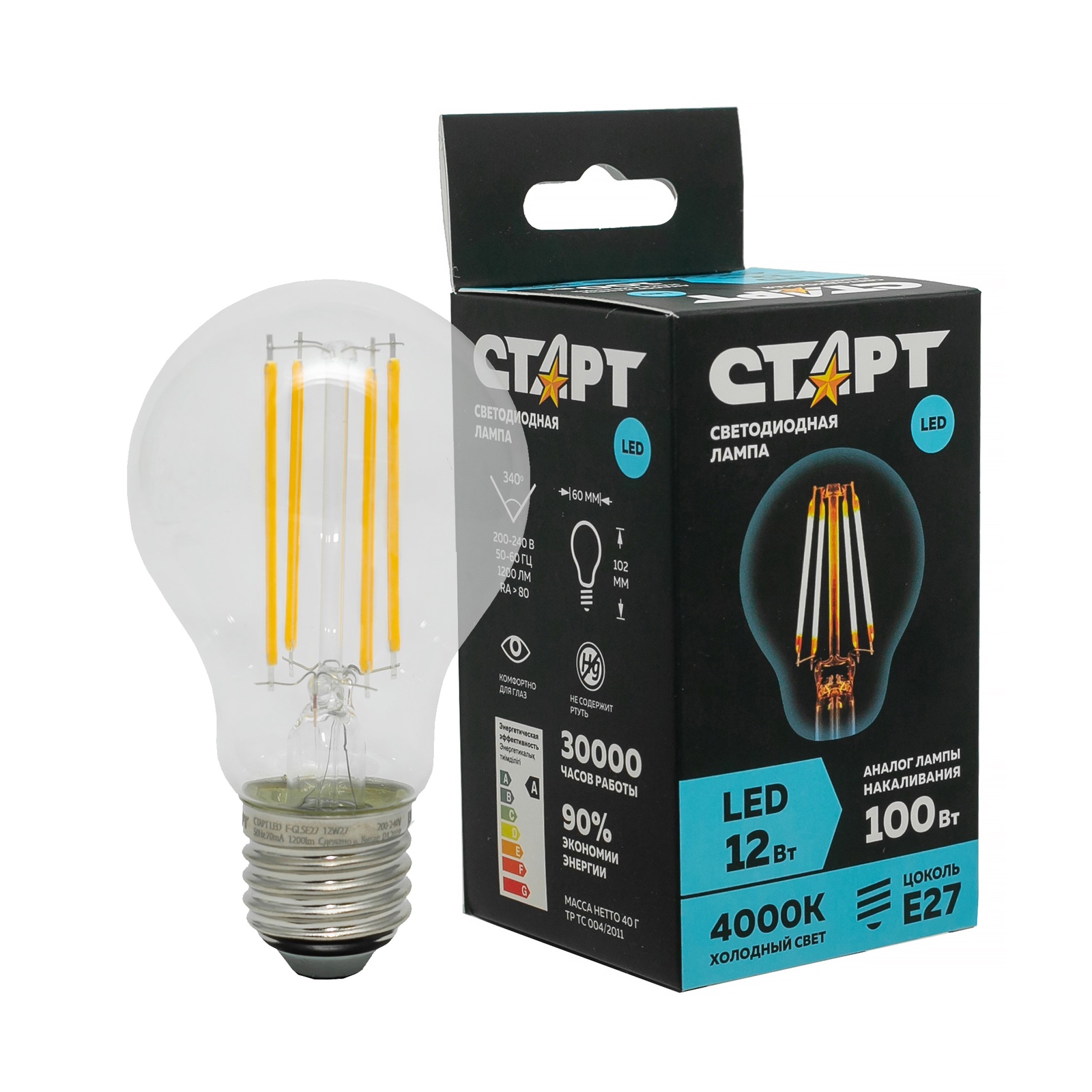 ЛАМПА "СТАРТ" ECO LED ФИЛАМЕНТ F-GLS Е27 12W 40 ХОЛОДНЫЙ /684/- купить в АПлайн