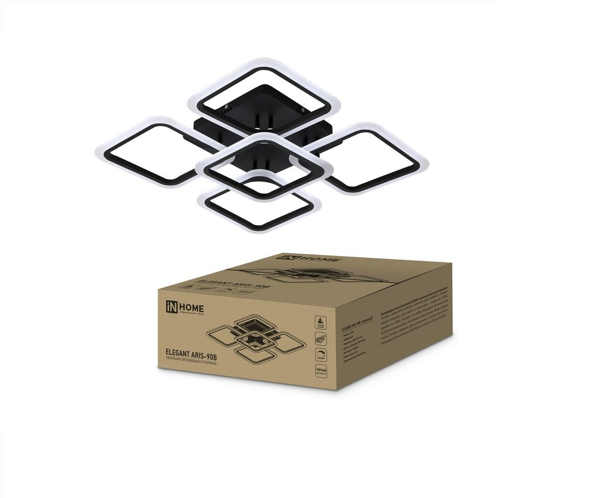 Светильник св/д люстра "InHome" 90W(7000lm) 2K-4K-6K d590x130 пульт черный ELEGANT ARIS-90B