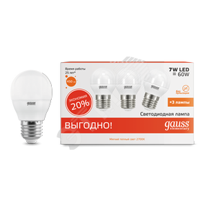 ЛАМПА GAUSS LED GLS E27  ШАР 7W ТЕПЛЫЙ СВЕТ ПРОМО(3ШТ В УПАК) АРТ.53217Т /409/