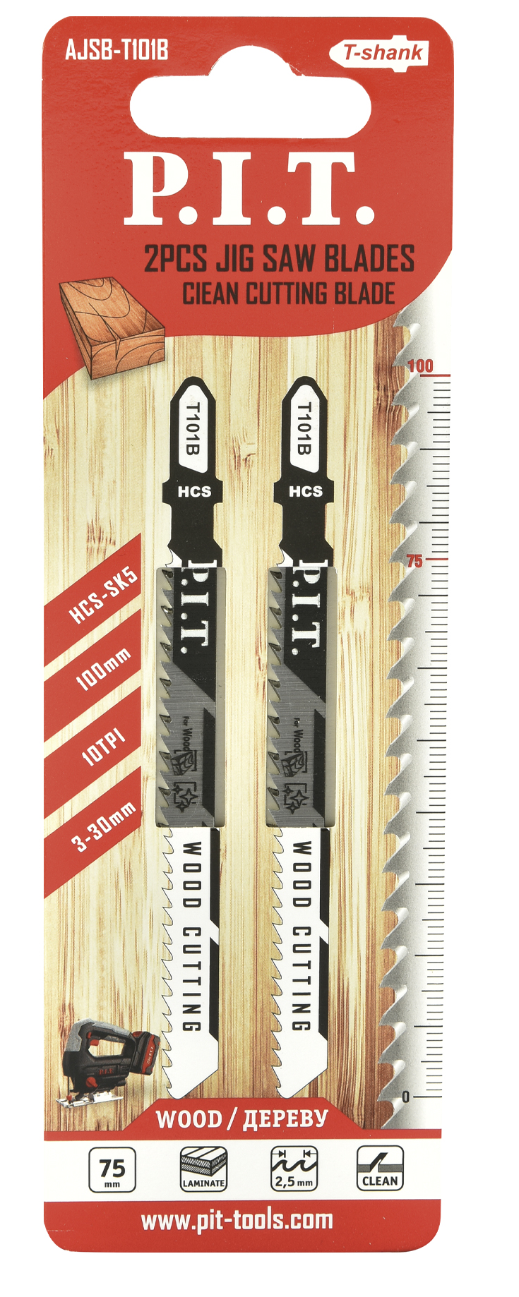 Пилки для лобзика по дереву T101B 100/75х2,5мм чистый рез 2шт HCS-SK5 P.I.T AJSB-T101B
