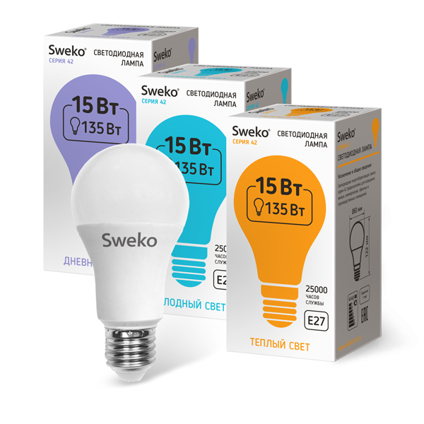 ЛАМПА СВЕТОДИОД. Е27 SWEKO 15 Вт 42LED-A60-15W-230-4000K-E27  арт.38763 -  - купить в АПлайн