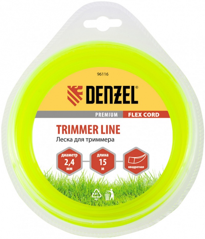 Леска для триммера квадрат 2,4мм 15м Flex cord Denzel 9611696116- купить в АПлайн