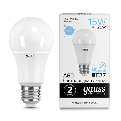 ЛАМПА СВЕТОДИОД. Е27 "GAUSS LED ELEMENTARY" 15ВТ А60 230В 6500К ХОЛОД. СВЕТ  АРТ.23235 /772/23235- купить в АПлайн