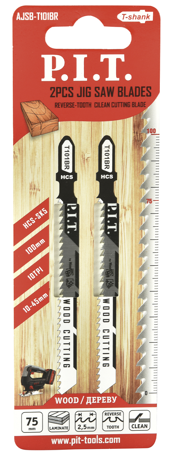 Пилки для лобзика по дереву T101BR 100/75х2,5мм обратный зуб 2шт HCS-SK5 P.I.T AJSB-T101BR